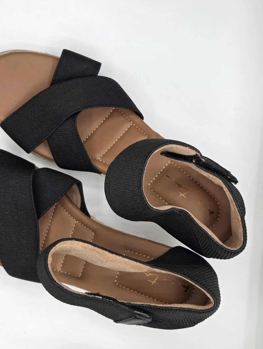 me too Black Elastic Crisscross Wedge Sandals